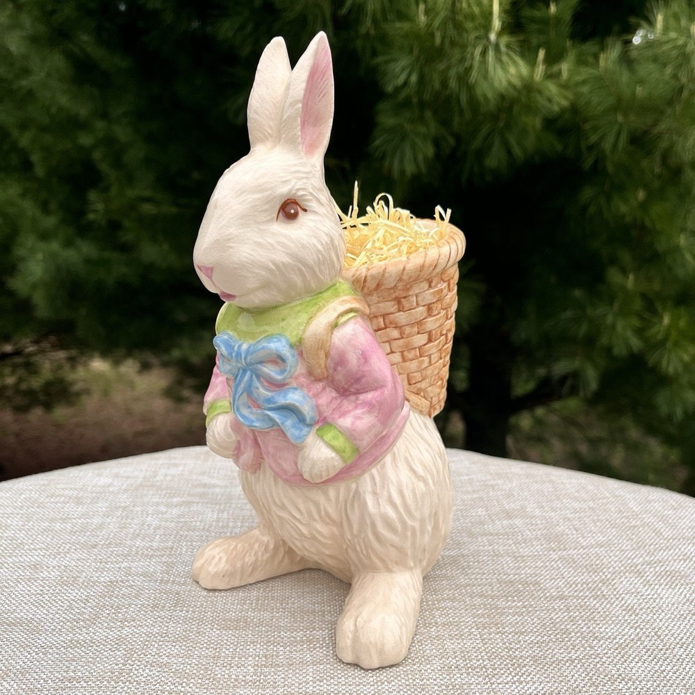 Vintage Dept 56 Easter Bunny 9" Peter Rabbit Basket on Back Ceramic Vase Planter